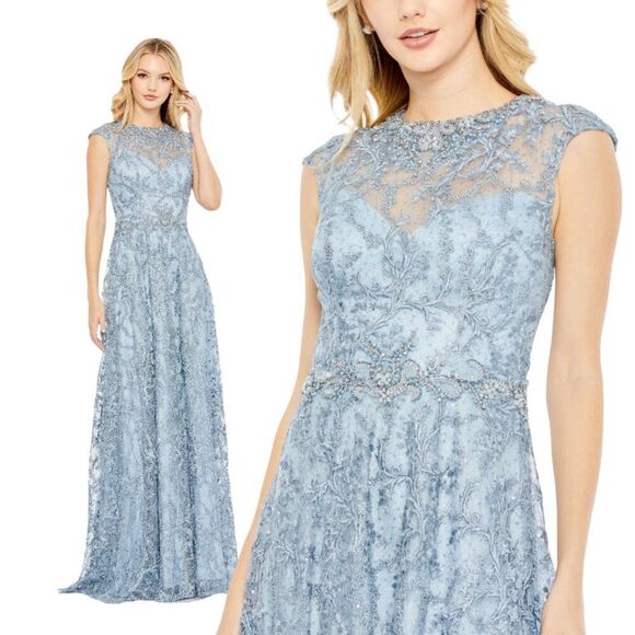 $798 Mac Duggal 79430 Womens Size 14 Light Blue Embroidered Gown Long Maxi Dress - Picture 1 of 5
